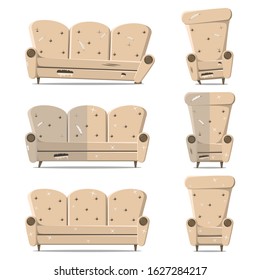 Old furniture. Broken sofa and damaged chair. A large set of things before and after restoration. Vector illustration for web sites and printing.