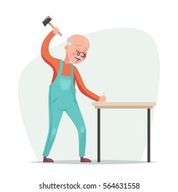 Old furniture maker hammers nail a table retro cartoon character vector illustration