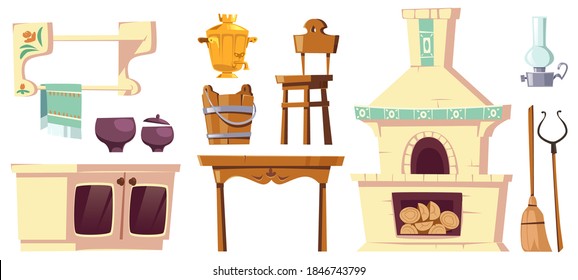 Old furniture of rural russian kitchen with oven, samovar, table, chair and grip. Vector cartoon interior set of traditional ukrainian ancient house with stove isolated on white background