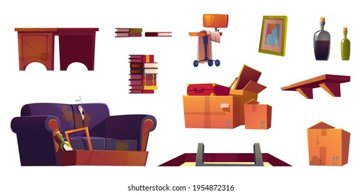 Old furniture stored on house attic. Hatch with ladder, wooden shelf, sofa with torn upholstery and dirty cardboard boxes with junk. Vector cartoon set with chair, book stack, table and broken frame