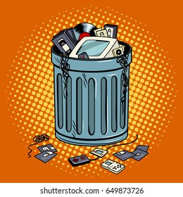 Old gadgets in trash can pop art style vector illustration. Comic book style imitation.