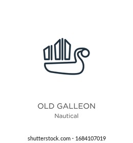 Old galleon icon. Thin linear old galleon outline icon isolated on white background from nautical collection. Line vector sign, symbol for web and mobile