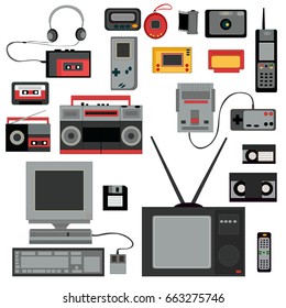  Old game entertainment devices of the 90s. Electronics from the 20th century.