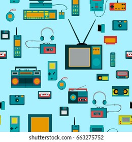  Old game entertainment devices of the 90s. Electronics from the 20th century. Seamless pattern.
