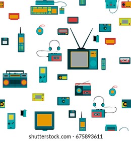  Old game entertainment devices of the 90s. Electronics from the 20th century. Seamless pattern.