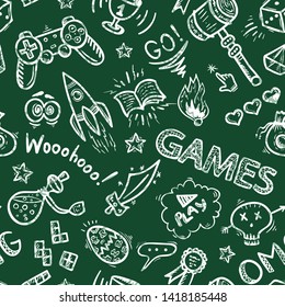 Old games seamless design, black board style, gaming in 80s, 90s