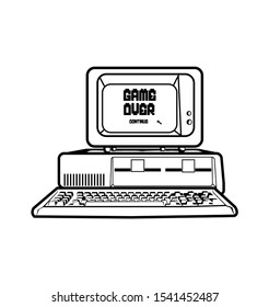 old gaming computer with the words game over and continue