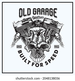 old garage with machine and skull illustration