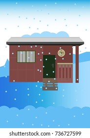 Old garden shed in the winter with a snowy landscape