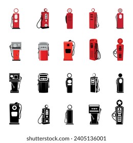 Old Gas Pump Vector Illustration Clip Art Vector Set, Old Gas Pump Isolated White Background. Gasoline Gas Station, Gas Pump Service, Fuel Power Transport Business Industrial Isolated.