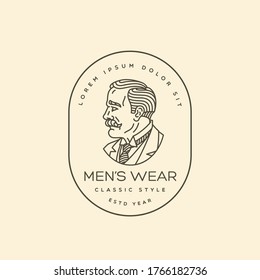 Old gentleman in a suit logo design template. Linear style. Vector illustration.