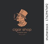 Old gentleman in a top hat with a cigar logo design template for a dark background. Vector illustration.