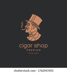 Old Gentleman In A Top Hat With A Cigar Logo Design Template For A Dark Background. Vector Illustration.