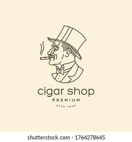 Old Gentleman In A Top Hat With A Cigar Logo Design Template. Linear Style. Vector Illustration.