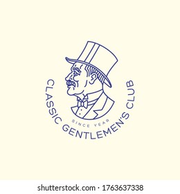 Old gentleman in a top hat logo design template. Linear style. Vector illustration.