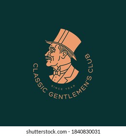 Old gentleman in a top hat logo design template for a dark background. Vector illustration.