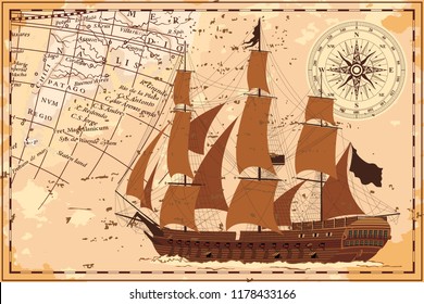 An old geographic map of the area with a ship and a compass. Vector image.