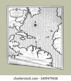 Old geographic map of Atlantic ocean region lands in a free interpretation on a paper sheet. Vintage engraving stylized drawing. Vector Illustration