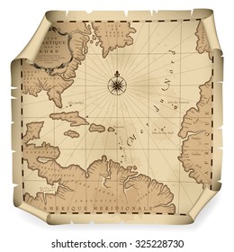 Antiguo mapa geográfico de la región del océano Atlántico aterriza en una interpretación libre con texto. Fondo de gráfico de época. Ilustración vectorial