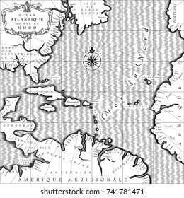 Old geographic map of Atlantic ocean region lands in a free interpretation with text. Retro chart background in black and white. Vintage engraving stylized 
drawing. Vector Illustration