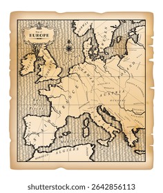 Old geographic map of Western, Central, Southern and Southeastern Europe in a free interpretation on a brown parchment. Drawing in black and white vintage engraving style. Vector Illustration