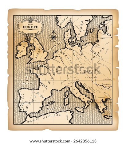 Old geographic map of Western, Central, Southern and Southeastern Europe in a free interpretation on a brown parchment. Drawing in black and white vintage engraving style. Vector Illustration