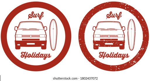 An old German camper van with a surfboard