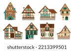 Old German half-timbered houses flat vector illustrations set. Collection of cartoon drawings of traditional half timber houses isolated on white background. Construction, exterior design concept