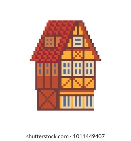 Old German house. Pixel art style. House decorated in style half-timbered framework. European mansions. Stylized facade of old building. Vector rural house. Isolated vector illustration. 