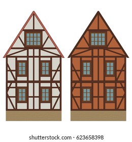 Old german house with wooden beams. Colored drawing. Vector illustration isolated on white background