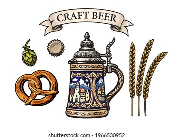 Old German stein beer mug, Bavarian pretzel, hop cone, bottle cap, barley or wheat ears, ribbon banner with text Craft Beer. Vintage set of beer objects. Hand drawn isolated vector illustration.