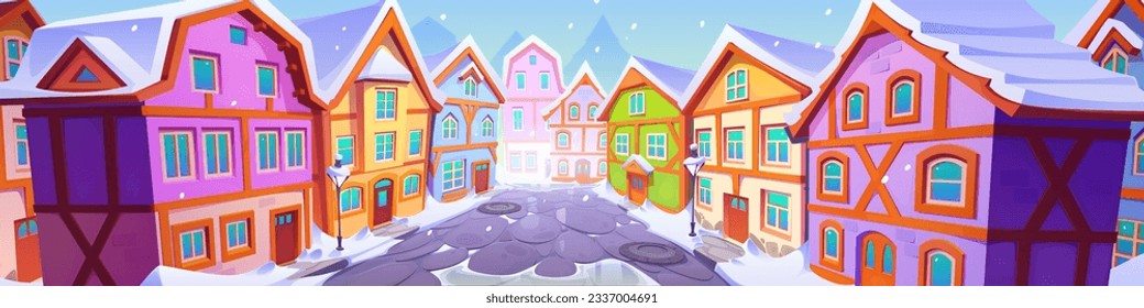 Vieja calle de la ciudad alemana. Ciudad europea o pueblo con casas medievales. Paisaje invernal con edificios de fachwerk, nieve y carretera en perspectiva, ilustración vectorial de dibujos animados