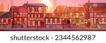Old germany medieval town street on sunset cartoon landscape. Ancient european village with bavaria stone building and historical fachwerk scenery. Panoramic summer german cityscape scene with road