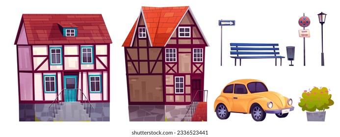 Old germany medieval town street building set. european city house and bavaria stone cottage near road vector landscape. Historical german mansion and retro car isolated clipart on white background