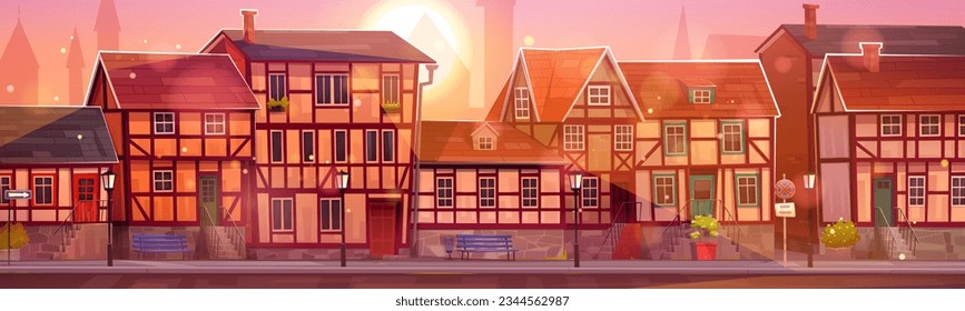 Alte, mittelalterliche Stadtstraße auf der Cartoonlandschaft von Sonnenuntergang. Altes europäisches Dorf mit bayerischem Steinbau und historischem Fachwerk. Panorama-Sommerkulisse in Deutschland - Stadtszene mit Straße