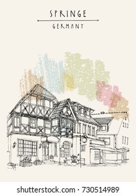 Old Germany postcard. Fachwerk historical houses in Springe near Hannover. Artistic drawing. Travel sketch, vintage poster template in vector