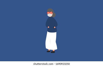Old Girl wearing Surgical mask for prevent virus and dust, Air pollution, Contaminated air. Flat design