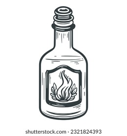 Old glass bottle with cork hand engraved. Black bottle with potion, decoction, tincture. Vintage jar with herbs, isolated vector illustration