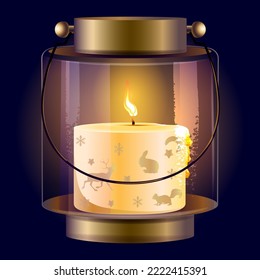 An old glass lantern with a festive Christmas candle, decorated with golden decor in the form of a reindeer, squirrel, rabbit and snowflakes