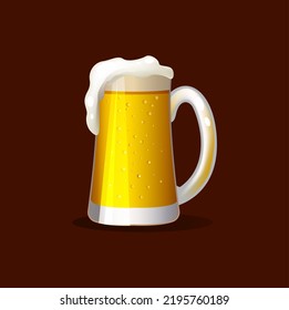 Old glass mug of cold beer with froth. Shiny mug of fresh cold alcohol beverage. Beer festival symbol. Oktoberfest, St Patrick Day design 3d vector