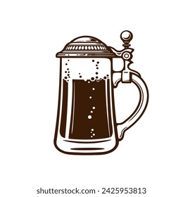 Old glass stein beer mug with metal lid. Monochrome hand drawn vector illustration isolated on white background.