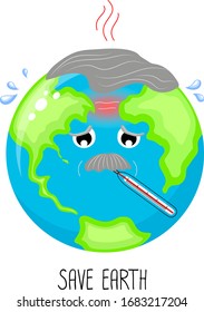 Old globe character with thermometer. Cartoon earth, global warming concept. illustration isolated on white background.