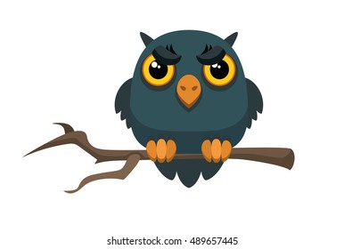 Old gloomy owl sitting on a thin tree branch. Vector illustration for Happy Halloween celebration