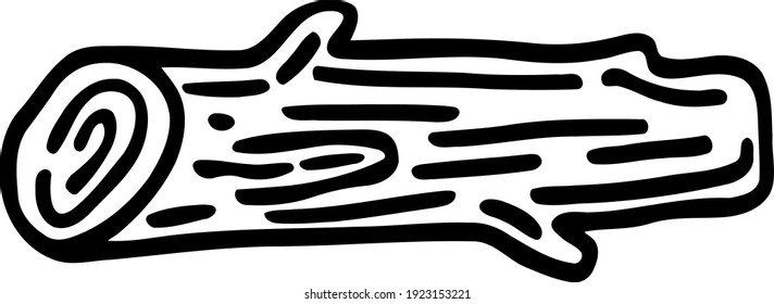 Old gnarled log lies. Forest vector illustration. Hand-drawn black and white doodle. Clipart in cartoon style of construction and camping themes. 
