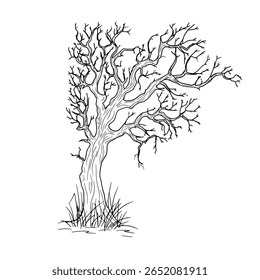 Old gnarled tree from dark forest thicket, black and white sketch in simple style. Vector illustration. Tree in thick grass, isolated on white background. Halloween, autumn, magic and witchcraft theme