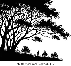 Old gnarled tree on grassy hill silhouette with bushes and foliage