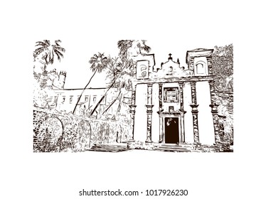 Old Goa, India. Hand drawn sketch illustration in vector.