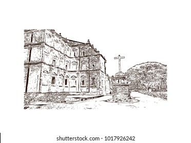 Old Goa, India. Hand drawn sketch illustration in vector.