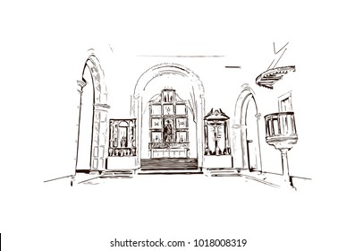 Old Goa, India. Hand drawn sketch illustration in vector.