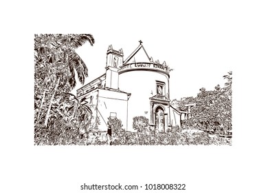 Old Goa, India. Hand drawn sketch illustration in vector.